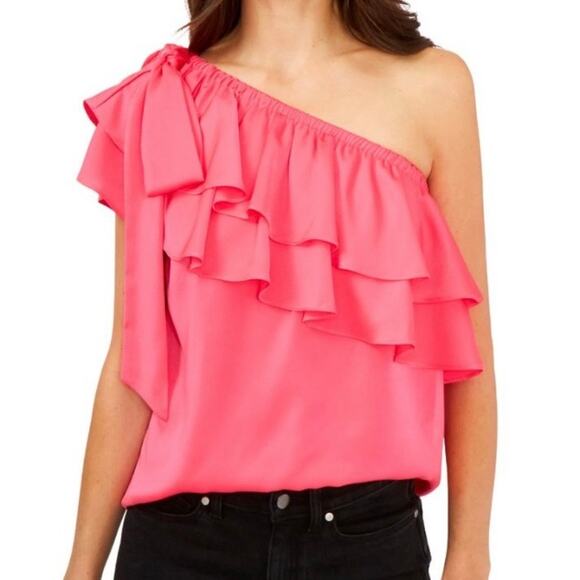 CeCe Hot Pink Satin Ruffle Bow Tie One Shoulder Blouse Size S - Picture 2 of 10